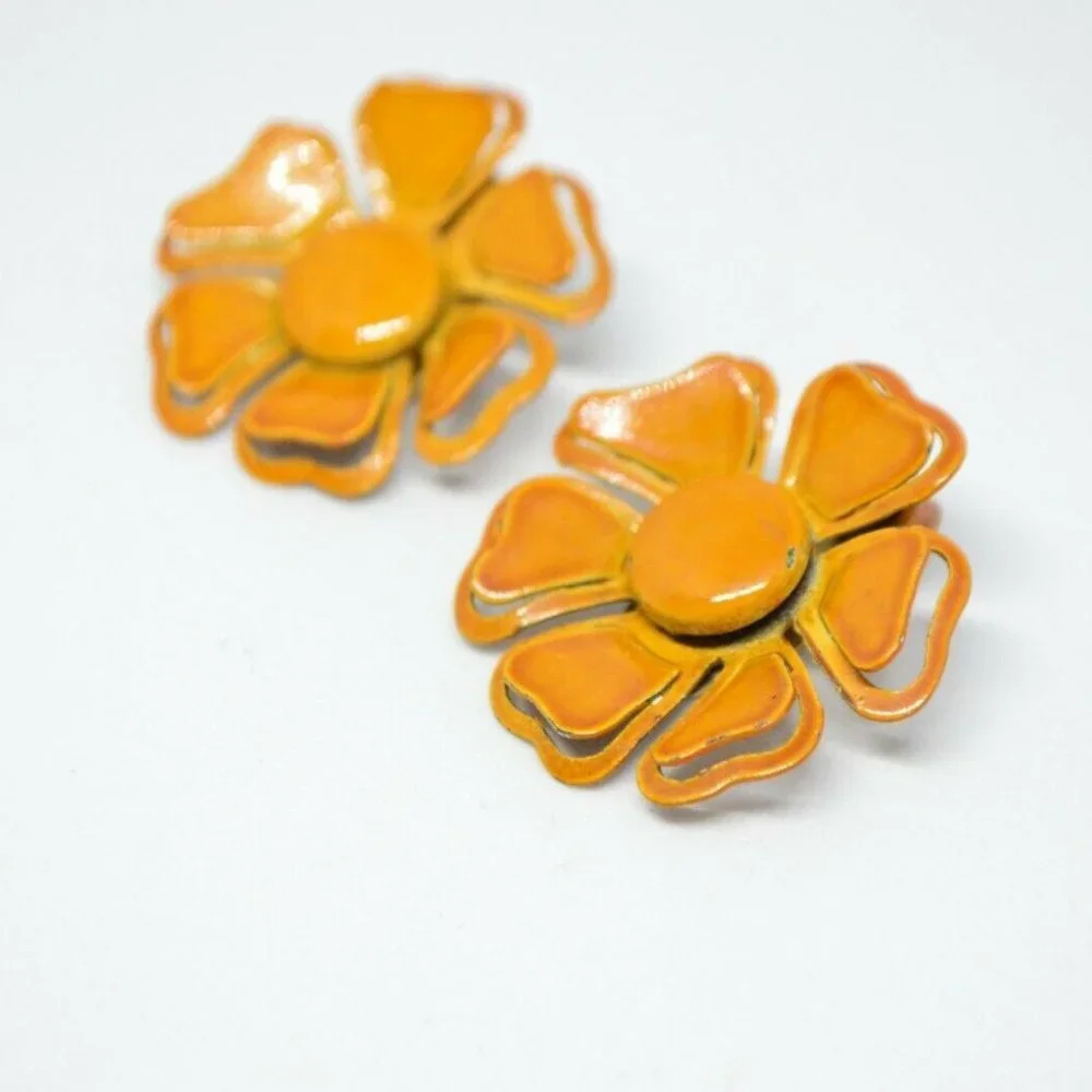Camel Brown Enamel Mid Century Flower Earrings